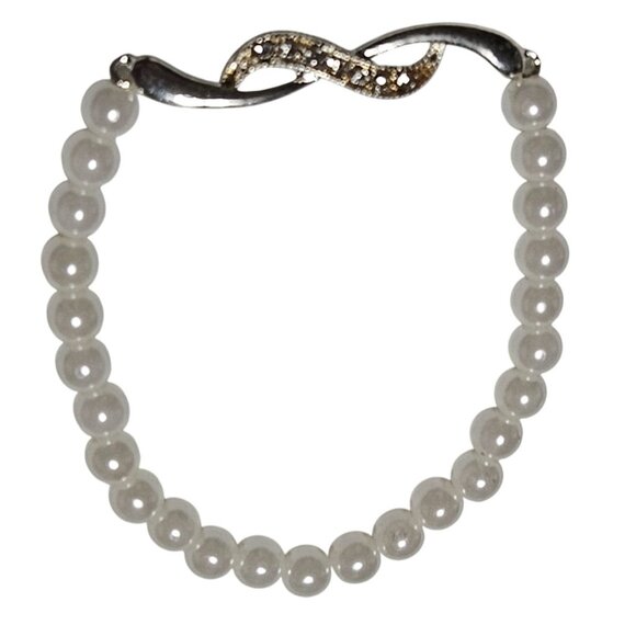 Elegant Faux Pearl Stretch Bracelet Silver Rhinestone Infinity Charm Jewelry - Picture 1 of 4